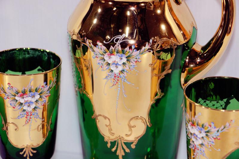 Original Barbini MURANO 24K Gold Green Pitcher+Wine Glasses