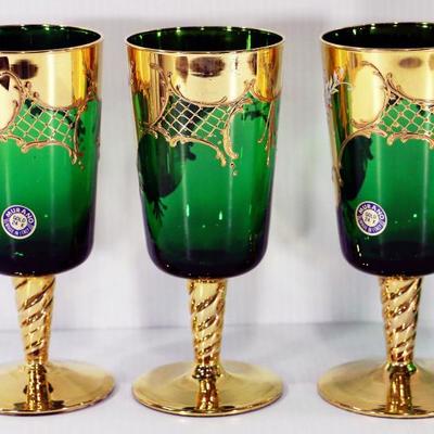 Original Barbini MURANO 24K Gold Green Pitcher+Wine Glasses Italian Venetian