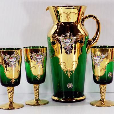 Original Barbini MURANO 24K Gold Green Pitcher+Wine Glasses Italian Venetian
