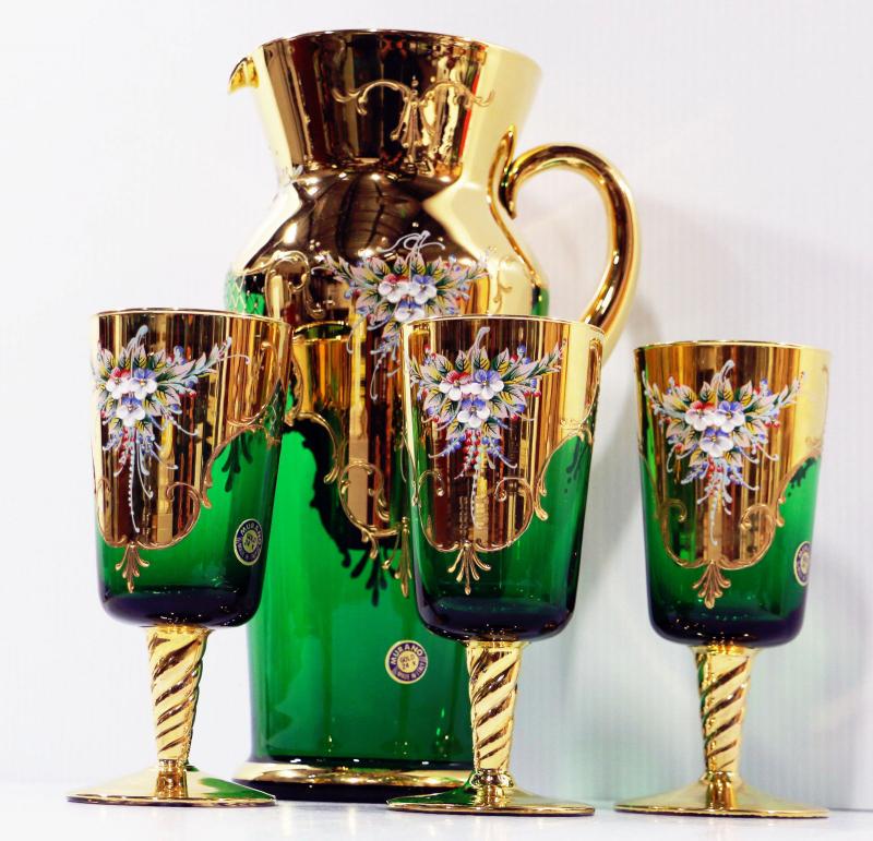 Original Barbini MURANO 24K Gold Green Pitcher+Wine Glasses Italian  Venetian | EstateSales.org