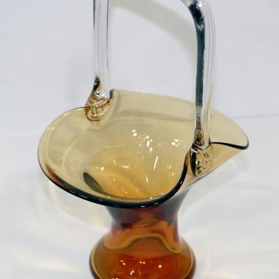 Vintage Art Glass Basket Amber Orange Glass 11