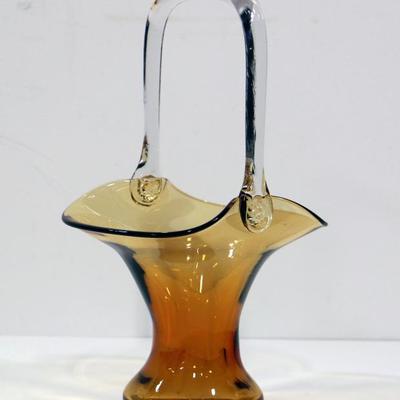 Vintage Art Glass Basket Amber Orange Glass 11