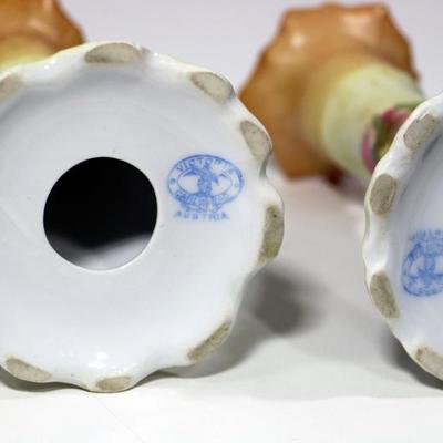 Antique Victoria Austria Carlsbad Porcelain Candle Holders - Pair