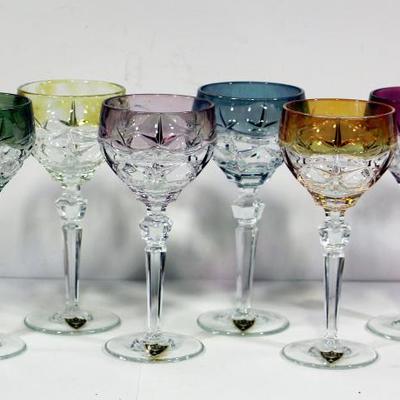 BAYEL France - Set of 6 Multicolored Vineyard Crystal Wine Hock Goblets