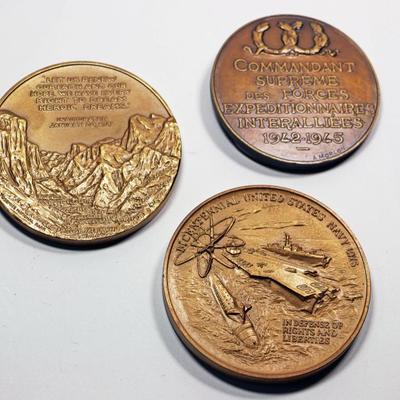 3 Solid Bronze Medallions - Eisenhower Reagan Birth of the US Navy - In Cases