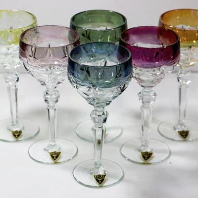 BAYEL France - Set of 6 Multicolored Vineyard Crystal Wine Hock Goblets