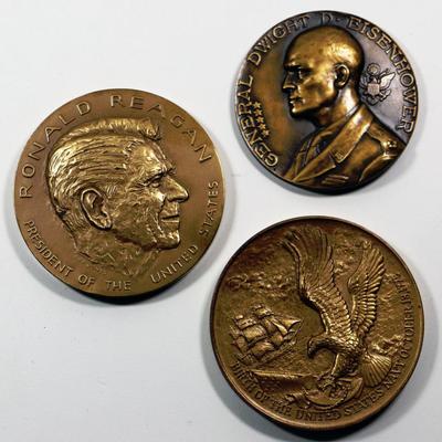 3 Solid Bronze Medallions - Eisenhower Reagan Birth of the US Navy - In Cases