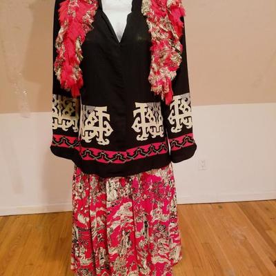 Vtg Asian Inspired Silk Crepe skirt Jacket & scarf printed Ensemble 