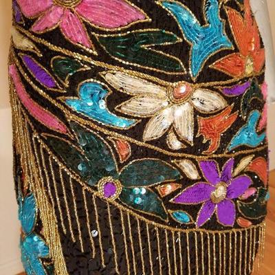 Vtg Unique bold sequined Art Deco floral beaded dress gold fringe