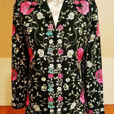 Vtg Japanese silk embroidered and aqua beaded Long kimono Jacket