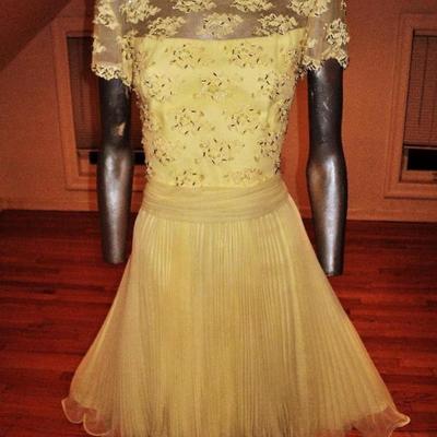 Vtg 1960's Jack Bryan lace beads pencil pleats fluid dress Hong Kong