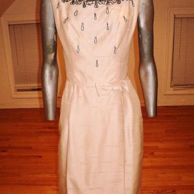 Vtg Ballet Pink 1960 silk shantung embellished cocktail dress kitten boww