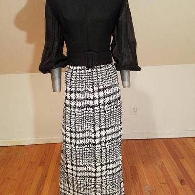 Vtg Classic Lady by Constantine maxi jersey dress voile bodice belt