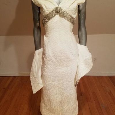 Vtg 1950's Hostess floral Brocade ensemble gown/jkt heavy embellished 