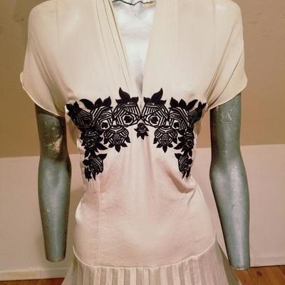 Vtg Beige Floral embroidered satin pleated dress chiffon bodice