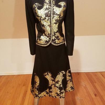 Vtg Koos Van den Akker skirt suit with gold lame' embroidery & applique