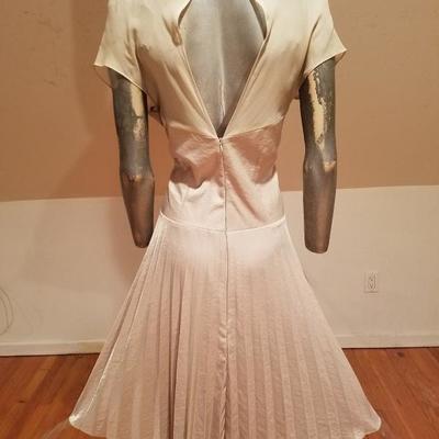 Vtg Beige Floral embroidered satin pleated dress chiffon bodice