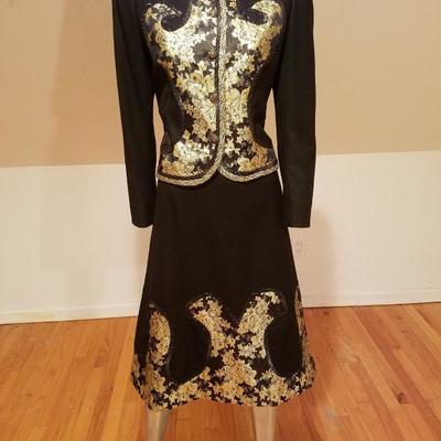 Vtg Koos Van den Akker skirt suit with gold lame' embroidery & applique