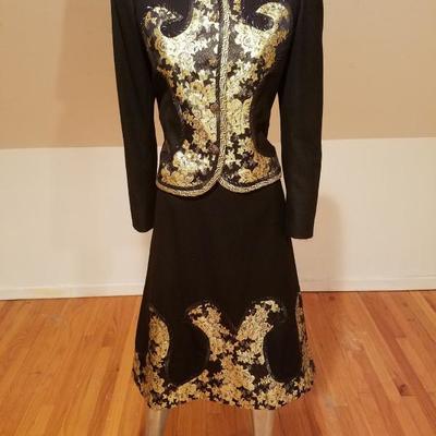 Vtg Koos Van den Akker skirt suit with gold lame' embroidery & applique