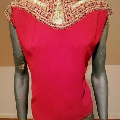 Circa 1930's Moroccan red lip silk top heavy Gold hand embroidered 