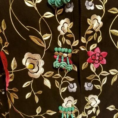 Vtg Japanese silk embroidered and aqua beaded Long kimono Jacket