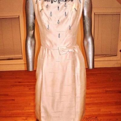 Vtg Ballet Pink 1960 silk shantung embellished cocktail dress kitten boww