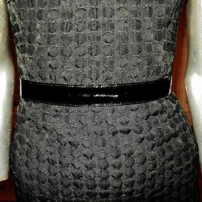 Vtg Carmen Marc Valvo puckered wiggle dress with patent leather black belt