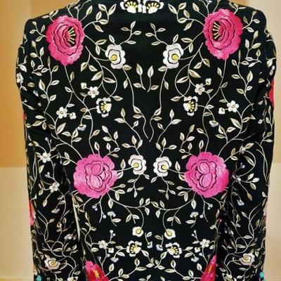 Vtg Japanese silk embroidered and aqua beaded Long kimono Jacket