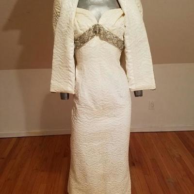 Vtg 1950's Hostess floral Brocade ensemble gown/jkt heavy embellished 