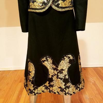 Vtg Koos Van den Akker skirt suit with gold lame' embroidery & applique