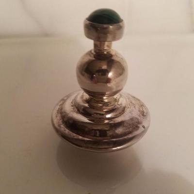 Old silver perfume bottle with Moss agate green stone stopper