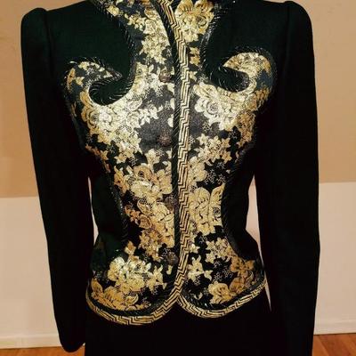 Vtg Koos Van den Akker skirt suit with gold lame' embroidery & applique