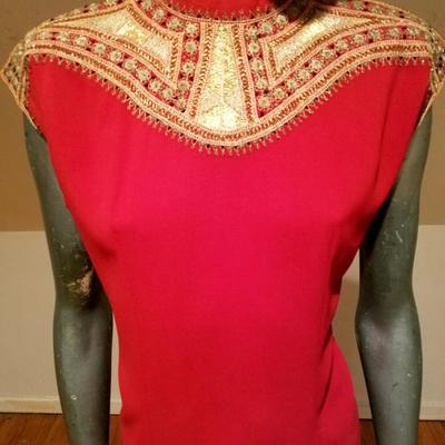 Circa 1930's Moroccan red lip silk top heavy Gold hand embroidered 