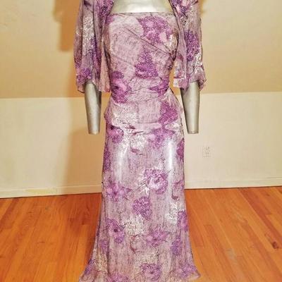 Vtg silk violet Jovani strapless beaded gown with cover scarf 