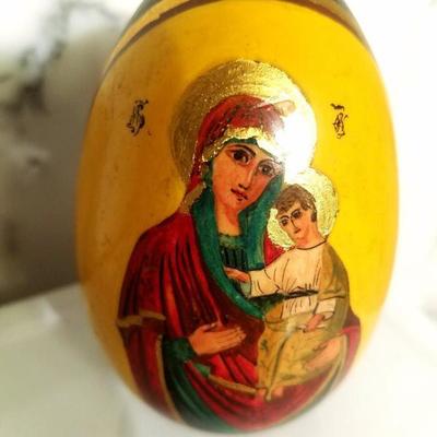 Antique Russian Signed gold hand painted large Egg Madonna & Child 