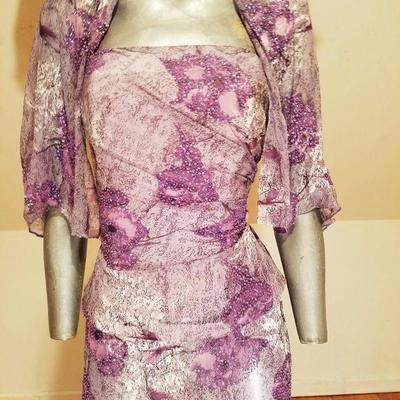 Vtg silk violet Jovani strapless beaded gown with cover scarf 