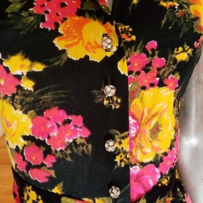 Vtg 1960's brushed jersey maxi floral gown Austrian crystal  buttons tie back