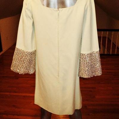 vtg 1950's mod Trapeze embellished dress bell sleeves metal zipper gold sequins