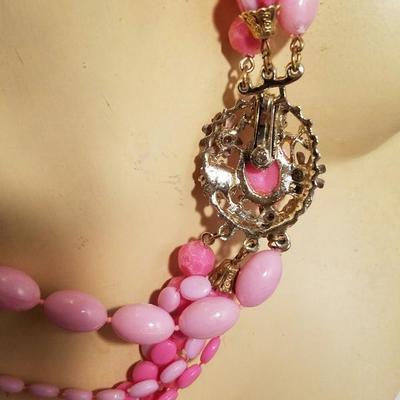 Vtg Bead Necklace multi strand Pink Enamel & rhinestone clasp  Choker Style