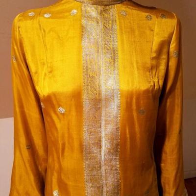 Vtg 1960 Chinese gold embroidery pure silk Cheongsam ensemble  