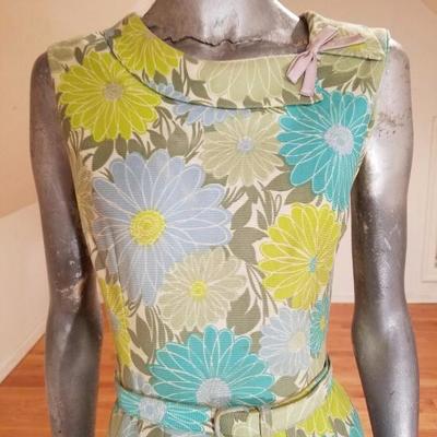 Vtg 1940's wiggle panel jersey dress floral print buckle belt