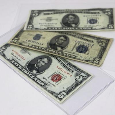 Old American $5 Banknotes - 1934+1953 Silver Certificates + 1953 Red Seal Note