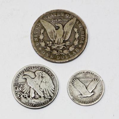 3 Old US Silver Coins Morgan Dollar Walking Liberty Half Stndg Liberty Quarter
