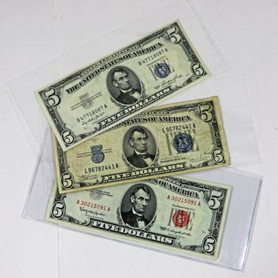 Old American $5 Banknotes - 1934+1953 Silver Certificates + 1953 Red Seal Note