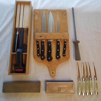 Lot 70: Eight Chef Knives and 5 Steak Knives, Whetstones and Cutting Board
