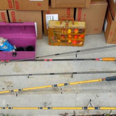Lot 183: Group of 5 Fishing Poles, Graphite Reels and Tackle