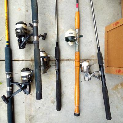 Lot 183: Group of 5 Fishing Poles, Graphite Reels and Tackle