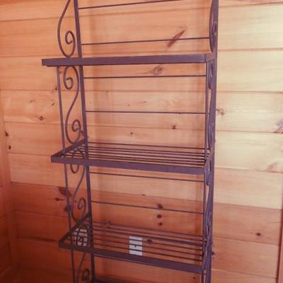 Lot 27: Four Shelf Rusted Look Scrolled Iron Plant Stand or Bakers Rack