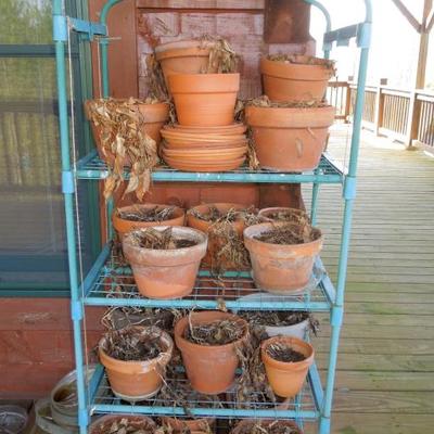 Lot 56: Covered Garden Greenhouse Planting Cart with Clay Pots