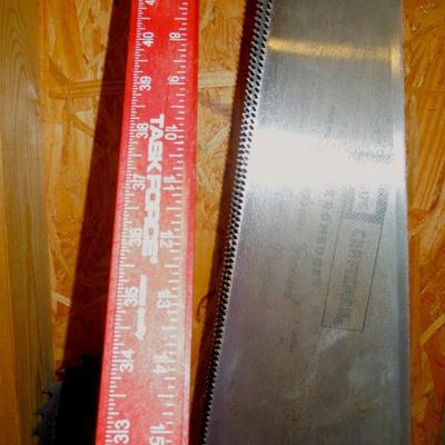 Lot 213: Three Wood Handled Handsaws and a 48" Level
